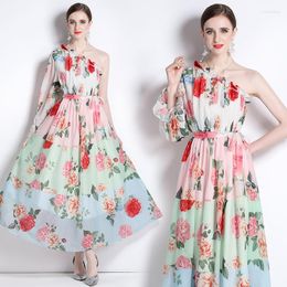 Casual Dresses Colorful Romantic Flower Printed Fairy For Holliday Sexy Shoulder Off Cascading Ruffle High Waist Bandage Corest Vestido