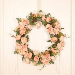 Decorative Flowers Floral Door Wreath 15 Inch Artificial Pink Camellia Hydrangea for Front Wedding Decorations Wall Decor
