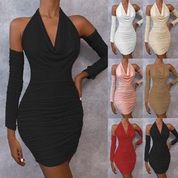 Casual Dresses Women Summer V Neck Off Shoulder Long Sleeve Dress Solid Colour Large Package Hip Skirt Elastic Fibre Slim