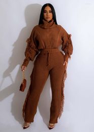 Women's Two Piece Pants KEXU Knit Rib Women Tracksuit Tassel Sleeve Turtleneck Sweater And Side Suit 2 Set Casual Street Outfits