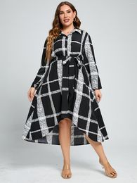 Plus Size Dresses Grid Print Irregular Hem Lantern Sleeve Midi Dress Women's Elegant