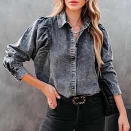 Women's Blouses Vintage Long Sleeve Denim Shirt Women Autumn Winter Jacket Office Ladies Puff Streetwear Casual Blouse Tops