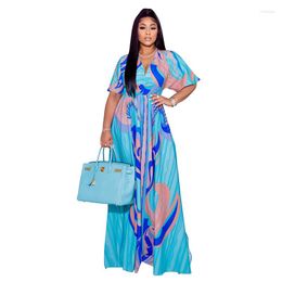 Ethnic Clothing African Dresses For Women Traditional Printed V-Neck Short Sleeve Tunic Long Dress Fashion Style Big Swing Robe Africaine