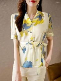 Women's Blouses 2023 Short Sleeve Shirt For Women Summer Tops Fashion Printing Blous Woman Shirts V-neck Belt Button Up Ladies