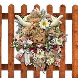 Decorative Flowers Cow Front Door Wreath Bow Leaves Decorations For Porch Wooden Flower Arrangement Home Farmhouse Holiday Props