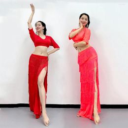 Stage Wear Ethnic Oriental Belly Dance Set Milk Silk Fluorescent Training Clothes Bat Sleeve Top Five Layer Tassel Long Dress 2023