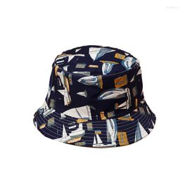 Berets Women Men Beach Hat Casual Tree Boat Print Summer Sun Bucket Hats Cotton Hip Hop Cap Vacation Accessories