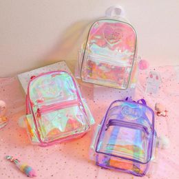 School Bags Transparent Backpack Adjustable Shoulder Strap Large Capacity Waterproof Heart Pattern Girls Teenage Book Bag Stationery