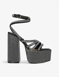 Sandals Black Crystal Thick Platform Chunky Heeled High Heel Women Diamond Waterproof Women's Embellished Straps Dress Shoes