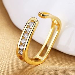 Cluster Rings S925 Sterling Silver Ring Gold / Simple Square Zircon Open For Women Fashion Wedding Charm Gift Jewellery