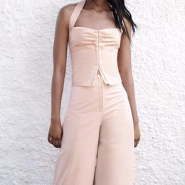 Women's Two Piece Pants 2023 Spring/Summer Women's Fashion Unique Hanging Neck Tank Top And Retro Casual Pocket High Quality Wide Leg