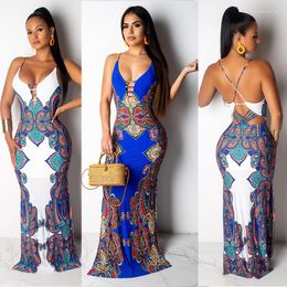 Ethnic Clothing 2023 Summer Fashion African Dress For Women Sexy Backless Spaghetti Strap Printed Bodycon Maxi Dresses Female Vestidos