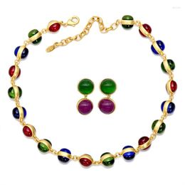 Necklace Earrings Set 2Pcs Colourful Oval-Beaded Colorful-Gemstone Clavicle Chain Earring Fashion Party Jewellery Gift 40GB