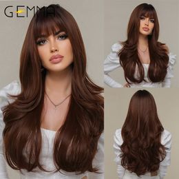 Synthetic Wigs GEMMA Long Ombre Brown Wine Red Wave Synthetic Wigs with Bangs Cosplay Wavy Wig for Women High Temperature Natural Fake Hair Wig 230621