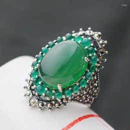 Cluster Rings Sterling Silver Inlaid Green Chalcedony Ring Retro Female Food