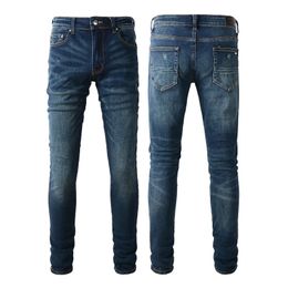 Mens Jeans For Guys Rip Slim Fit Skinny Man Pants red Star Patches Wearing Biker Denim Stretch Cult Stretch Motorcycle Trendy Long Straight Hip Hop With Hole BlueFJOY