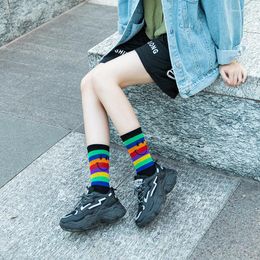 Women Socks Rainbow Ladies Mid-Tube Cotton Cute Stockings Athleisure