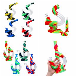 NEW PORTABLE Colourful Silicone Removable Glass Bong Pipes Kit With Philtre Quartz Bowl Nails Tip Straw Oil Rigs Stash Case Smoking Bubbler Waterpipe Cigarette Holder