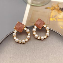 Stud Earrings Korean Inlaid Zircon Natural Stone Pearl Heart Shape For Women Cute Delicate Stylish Jewelry Wholesale