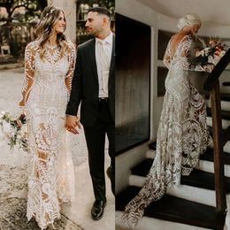 2022 Bohemian Full Lace Beach Wedding Dresses Bridal Gowns Long Sleeve Low Backless Chic Noivas Boho Rue de Soriee247E