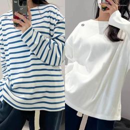 Women's T Shirts Korean 2023 Spring /Summer Casual Blue / White Stripe Letter Embroidery Men/women Long-sleeved T-shirt