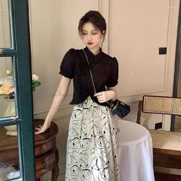 Ethnic Clothing Chinese Two Piece Buckle Women Style Short Sleeved Shirt Lady Vintage Jacquard Half Skirt Hanfu Qipao Set