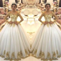 Elegante schiere lange Ärmel Spitze A-Linie Brautkleider 2019 Arabisch Organza Gold Applikation Perlen Hofzug Hochzeit Brautkleider B244h