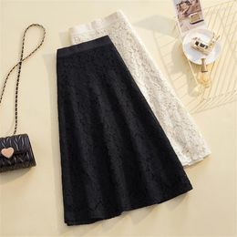 Skirts Gowyimmes Autumn Fashion Women Lace Skirt Big Size L-4XL Lady High Waist Female Midi Long A-line Bottoings 1158