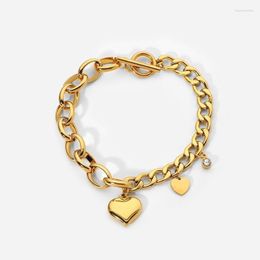 Link Bracelets Chain Stainless Steel Chunky Cuban Bracelet Bangles With Sweet Zircon Heart Charm 18k Gold Plated OT Buckle Fashion Jewellery