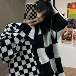 Women's Knits Lady Irregular Plaid Check Sweaters Gothic Women Black White Cardigan V Neck Knit Sweater Winter Hipster Loose Korean Jumpers