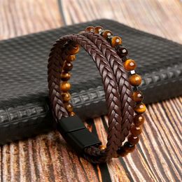 Charm Bracelets Fashion Classic Tiger Eye Beaded Multi Layer Leather Bracelet For Men Hand-Woven Punk Bangle Jewellery Gifts