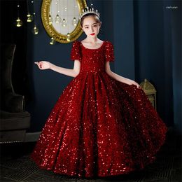 Girl Dresses Little Girls Birthday Party Gown Sparkle Sequin Puffy Long Children Formal Special Occasion Dress Vintage Wine Christmas