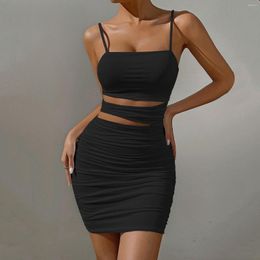 Casual Dresses Sexy Women Summer Bodycon Dress Cutout Halter Pleated Slim Fit Black Suspender Sleeveless Eveing Night Party