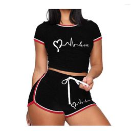 Women's Tracksuits Women's Cute LOVE Printed Short Sleeve Tracksuit Summer T-shirt And Shorts Suit Casual O Neck Cropped Tops Pyjamas