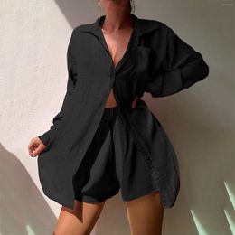 Women's Tracksuits Womens Beach Holiday Linen Shirt Suit Sexy Loose Sun Fashion Casual Swimsuit Cover Up Two Piece Set Summer Outfits