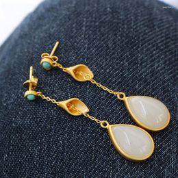 Dangle Earrings Silver Inlaid Natural Hetian White Chalcedony Drop-shaped Long Chinese Retro Niche Design Charm Women's Brand Jewelry