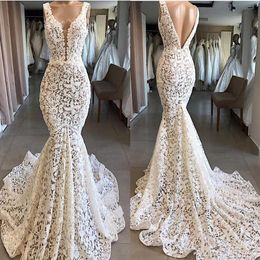 Real Image Mermaid Wedding Dresses 2020 Full Lace Modest V-neck Backless Country Bohemian Beach Bride Wedding Gowns robe de mariee201N