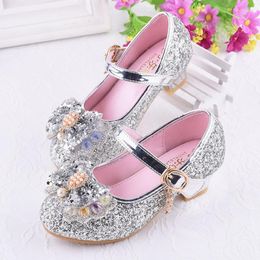 Flat Shoes Girls Leather With Heel Fashion Glitter Rhinestone Bowtie Sandals Children Princess Dancing Size 26-37 SW005