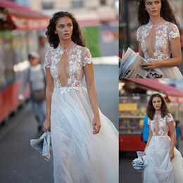 Simple Bohemian Lia Martinez A Line Abiti da sposa Collo alto Manica corta Applique Crystal Tulle Abiti da sposa Lunghezza pavimento abito 296y