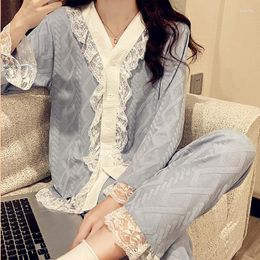 Women's Sleepwear Women Long Sleeve Pyjamas Summer Nightwear Blue Cotton Lace Pyjama Two Piece Set Pyjamas Loungewear