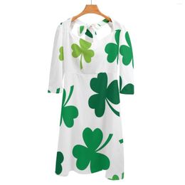 Casual Dresses Irish Shamrocks All Over Back Lacing Backless Dress Square Neck Sweetheart Knot Flared Day St Partick Paddy