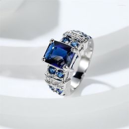 Wedding Rings Charm Royal Blue Zircon Stone Rectangle For Women Silver Color Square Bands Boho Party Ring Mother Day Jewelry CZ