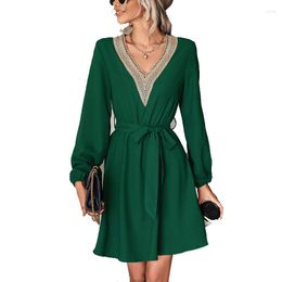 Casual Dresses 2023 Spring Women Elegant Midi Fashion Office Lady Lace V Neck A-line Belt Dress Green Black Long Sleeve Vestidos