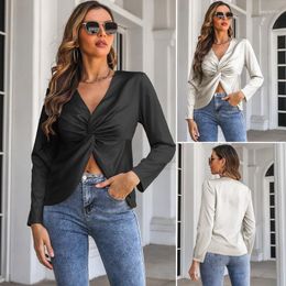 Women's Blouses LAISIYI Satin Black Shirts Office Lady Work Top 2023 Summer Long Sleeve Blouse Fashion V Neck Folds Elegant Shirt Women