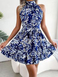 Casual Dresses Summer Elegant Mini Women Floral Print Sleeveless Halter Dress Ladies Fashion Lace Up Ruffles Boho Beach Holiday