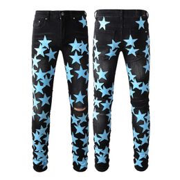 Mens Jeans For Guys Rip Slim Fit Skinny Man Pants red Star Patches Wearing Biker Denim Stretch Cult Stretch Motorcycle Trendy Long Straight Hip Hop With Hole BlueITFO