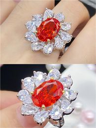 Cluster Rings Unique Orange Crystal Flowers Diamonds Gemstones For Women 18k White Gold Silver Colour Fine Jewellery Bijoux Chic Bands Gift