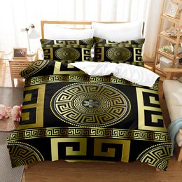 Bedding sets 3D Luxury Black Gold Bedding Sets Greek Key Meander Duvet Cover Sets Bed Linens Queen King Size Modern Geometric Bedspread 230621