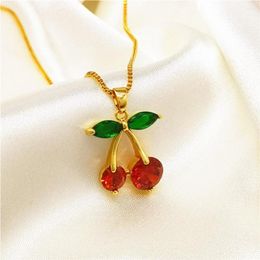 Pendant Necklaces Girl Children Chain Lovely Cherry Shaped Jewelry Gift 18k Gold Color Red Cubic Zirconia Fashion Accessories