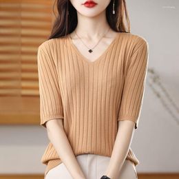 Women's T Shirts 2023 Sexy Women Ribbed Knitted Elegant V-Neck Blouses Short Sleeve Female Solid Top Tee Fitness Korean Clothes Shirt Lady